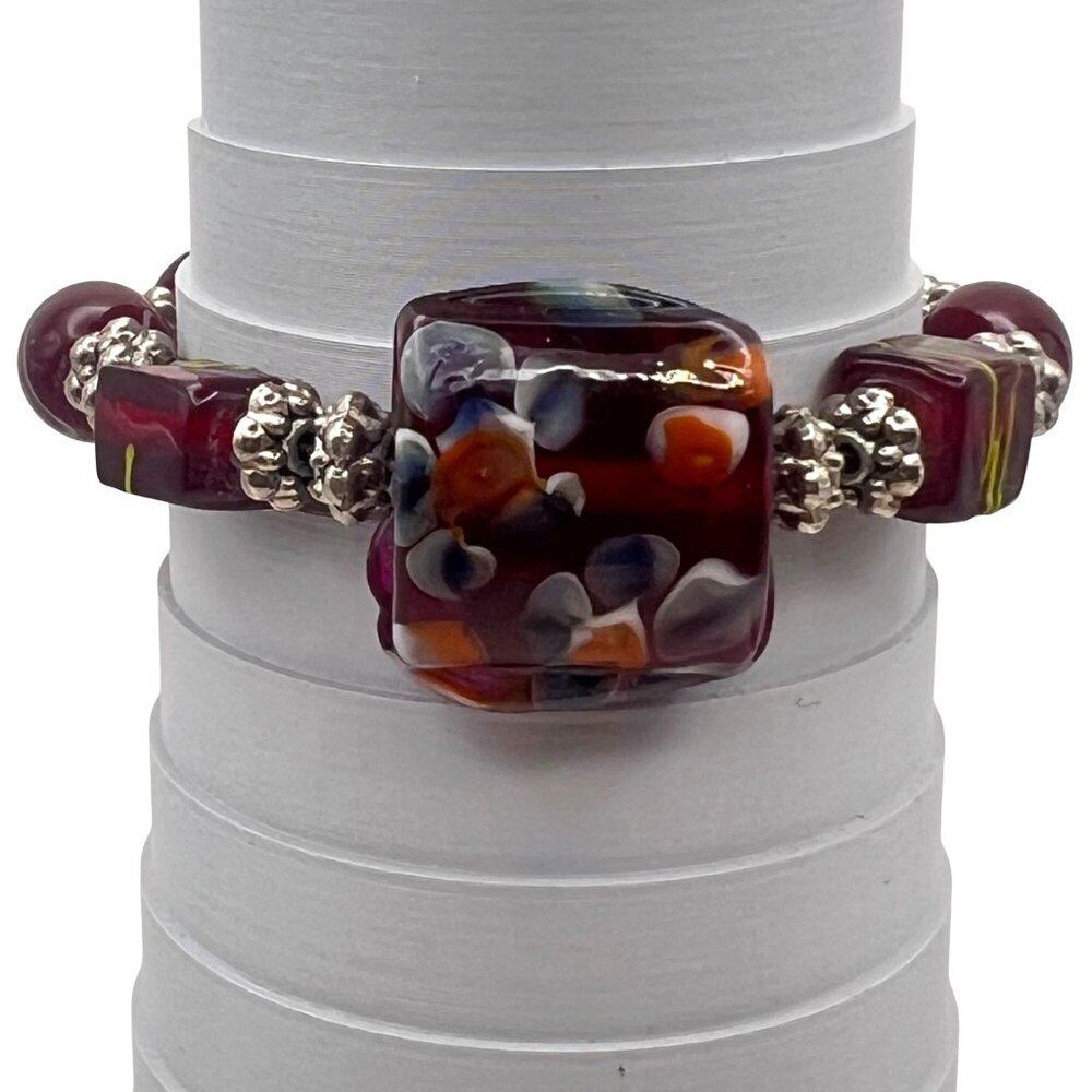 Handcrafted Glass Beads Bracelet Silver-Tone Accents Toggle Clasp Floral 6.25" - Picture 2 of 11